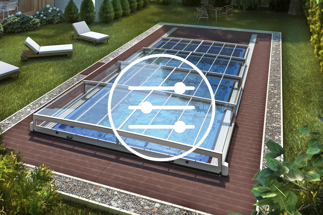 Schwimmbadüberdachung über einem Pool mit Schieberegler-Symbol für den Konfigurator